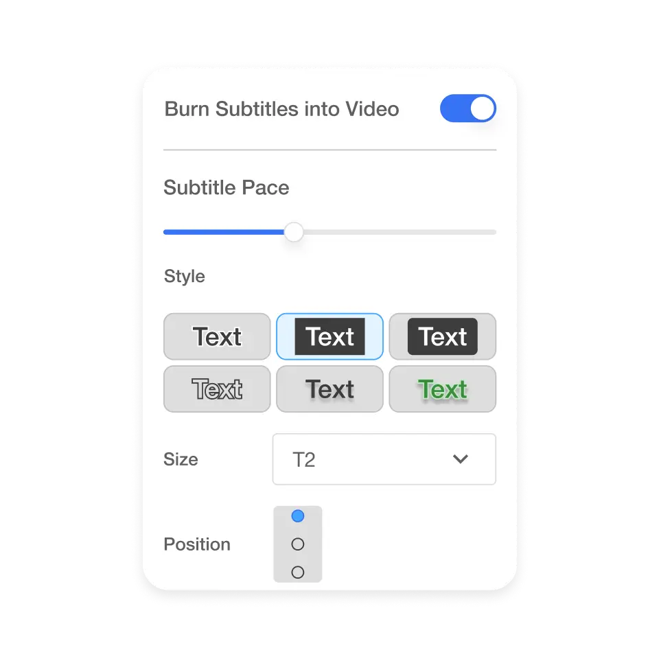 Subtitle generator interface with options to customize subtitle style, size, and position